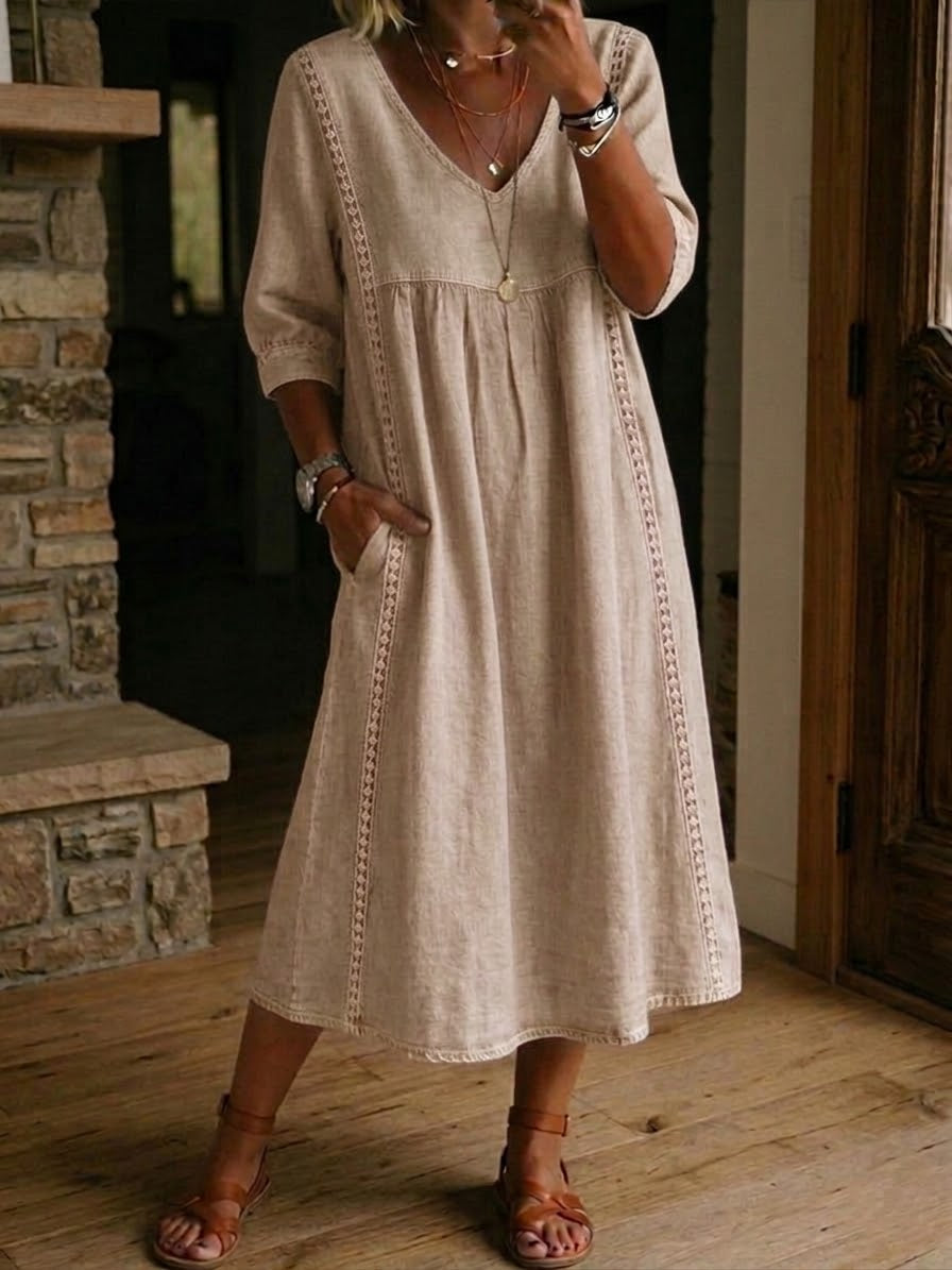 🔥Casual Loose-fitting Patchwork Lace Trim Linen And Cotton Dress
