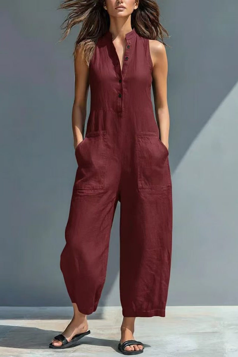 📦📦LAST DAY SAVE 49% ⏰Women's Minimalist Linen Blend Button-up Stand-collar Sleeveless Loose Jumpsuit