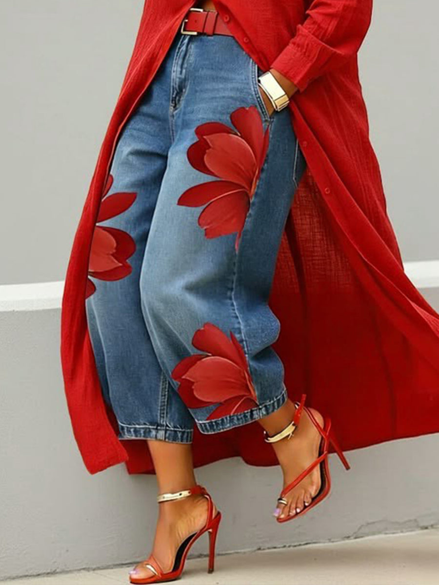 📦📦LAST DAY SAVE 49% ⏰Women's Vintage Wash Red Floral Embroidered Denim Pants