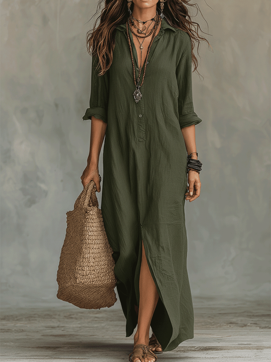 🌷🌷Black Button-Front Bohemian Shirt Maxi Dress