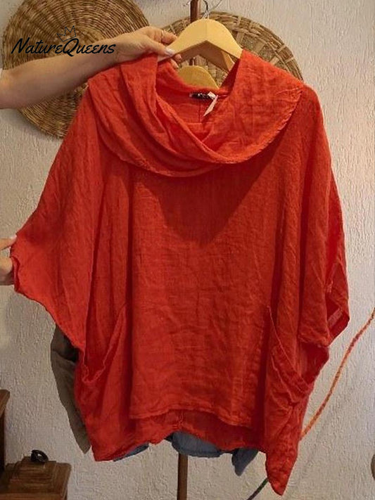 🔥Women's Solid Color Draped Neck 3/4 Sleeve Comfortable Casual Linen Pocket Top
