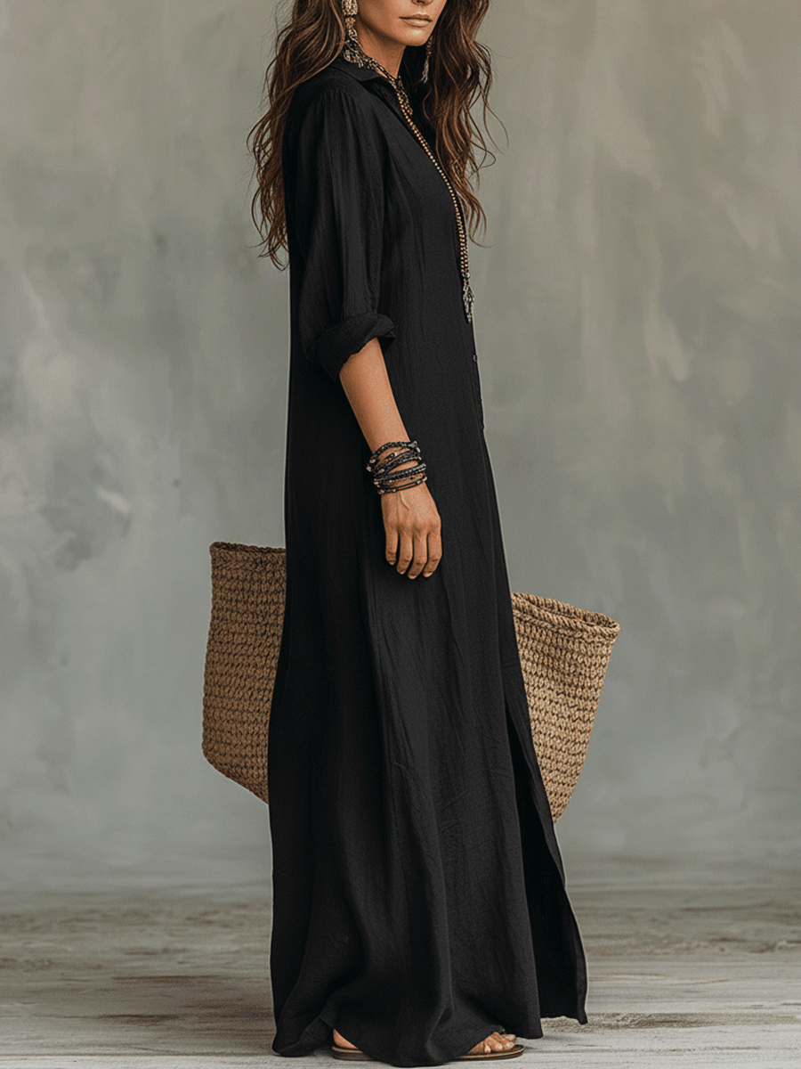 📦📦Mother's Day Sale 49% Off ⏰Black Button-Front Bohemian Shirt Maxi Dress