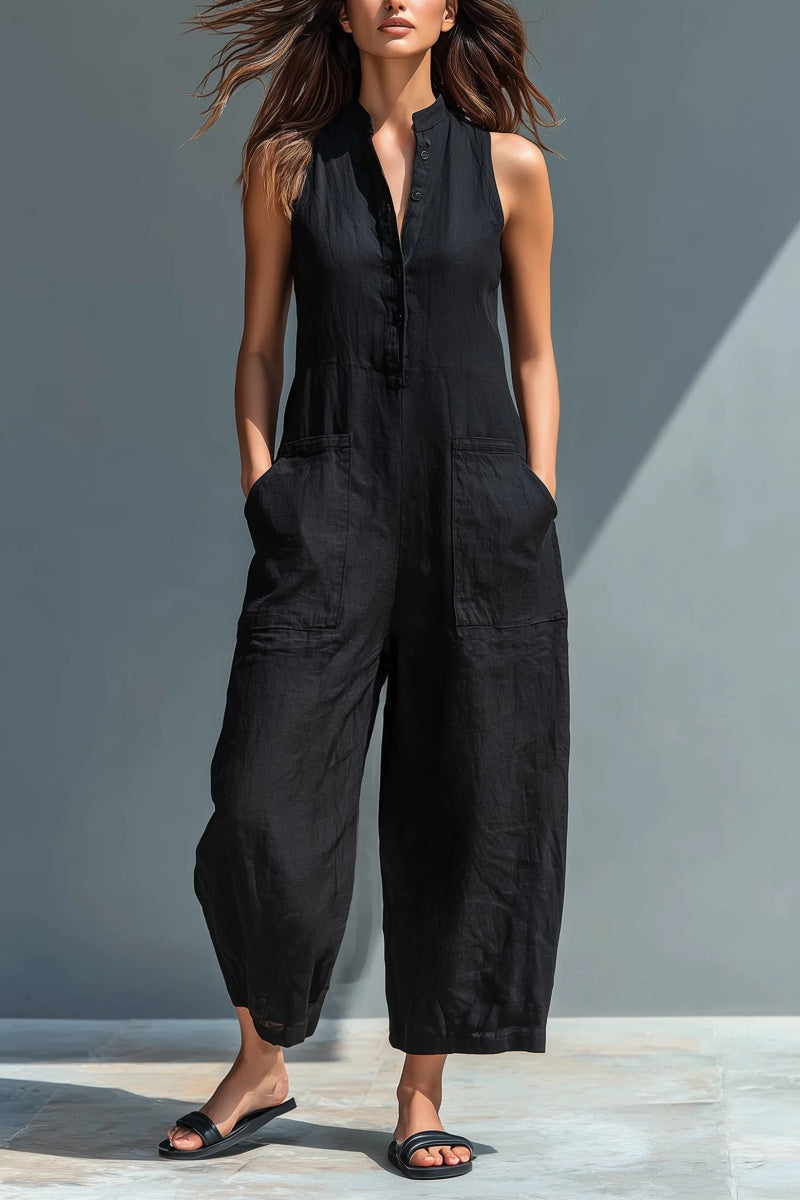 📦📦LAST DAY SAVE 49% ⏰Women's Minimalist Linen Blend Button-up Stand-collar Sleeveless Loose Jumpsuit