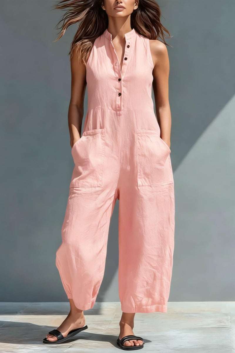 📦📦LAST DAY SAVE 49% ⏰Women's Minimalist Linen Blend Button-up Stand-collar Sleeveless Loose Jumpsuit