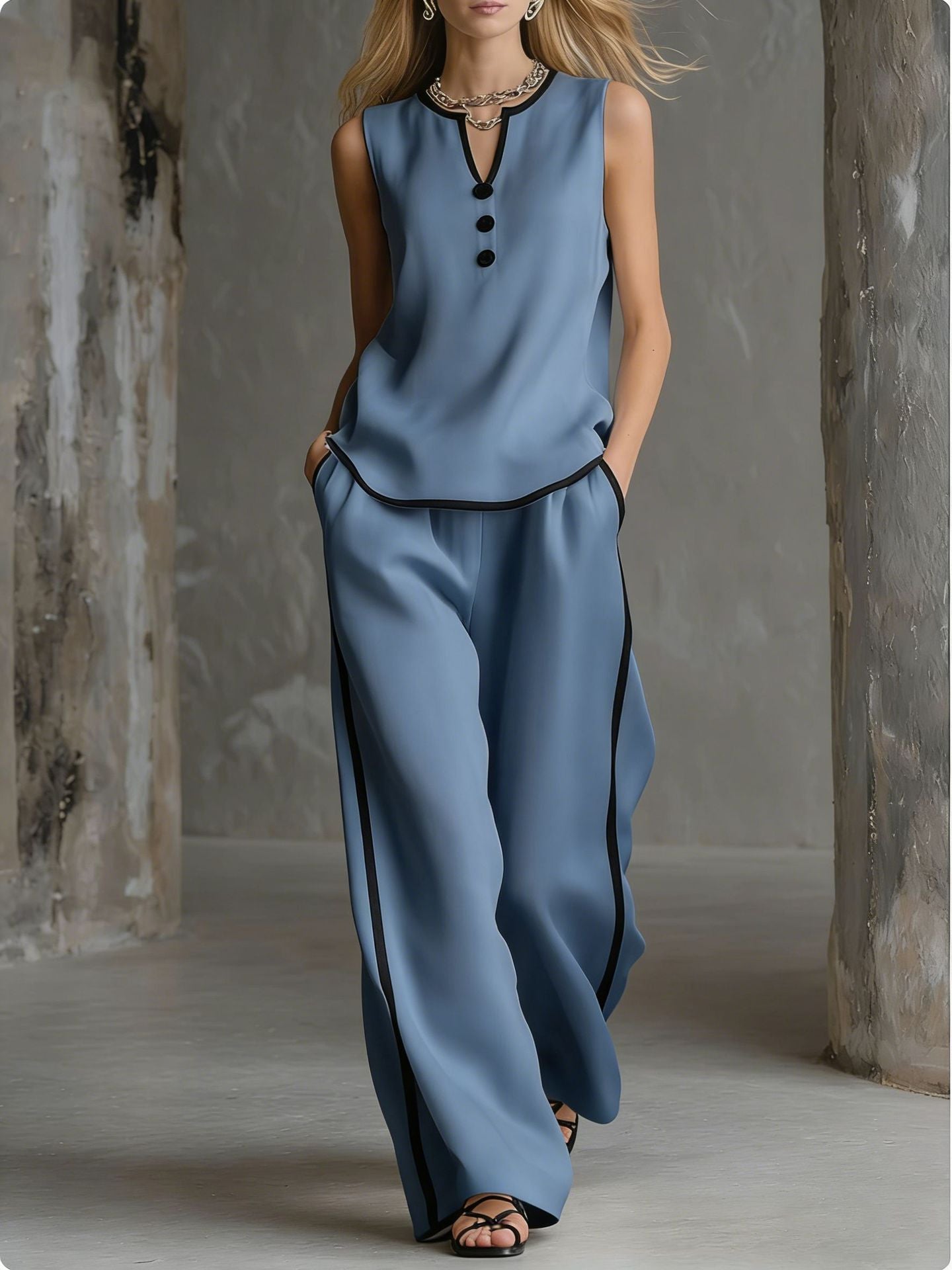 🌷🌷Contrast Trim Sleeveless Top & Wide-Leg Pants Two-Piece Set