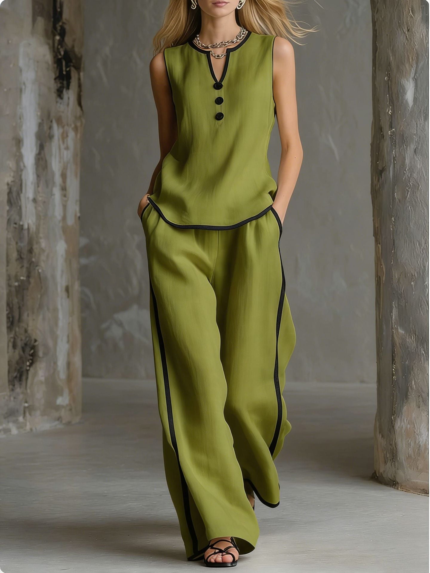🌷🌷Contrast Trim Sleeveless Top & Wide-Leg Pants Two-Piece Set