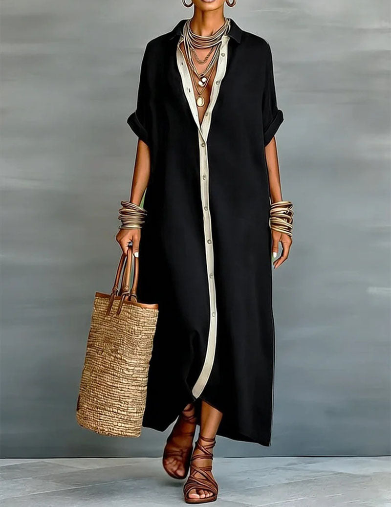 🌷🌷Oversized Button Down Shirt Dress Casual Collared Contrast Dress
