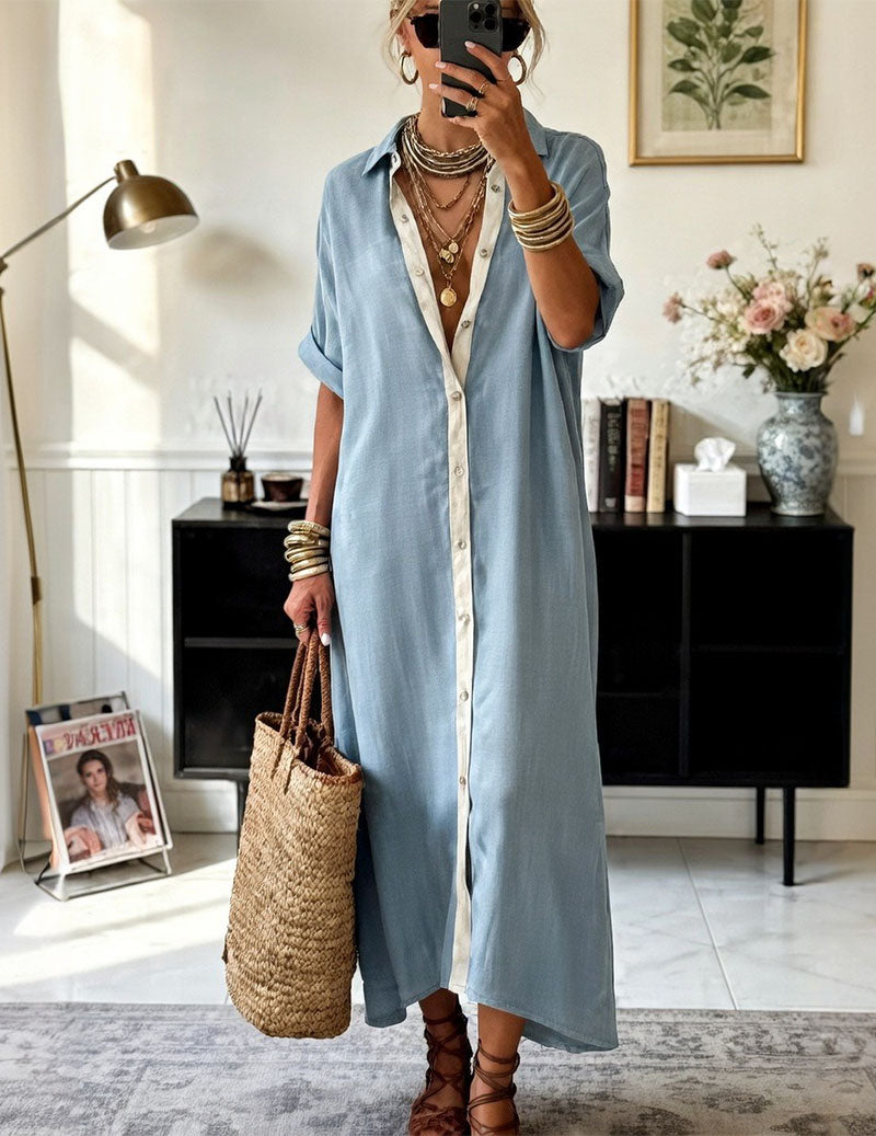 🌷🌷Oversized Button Down Shirt Dress Casual Collared Contrast Dress