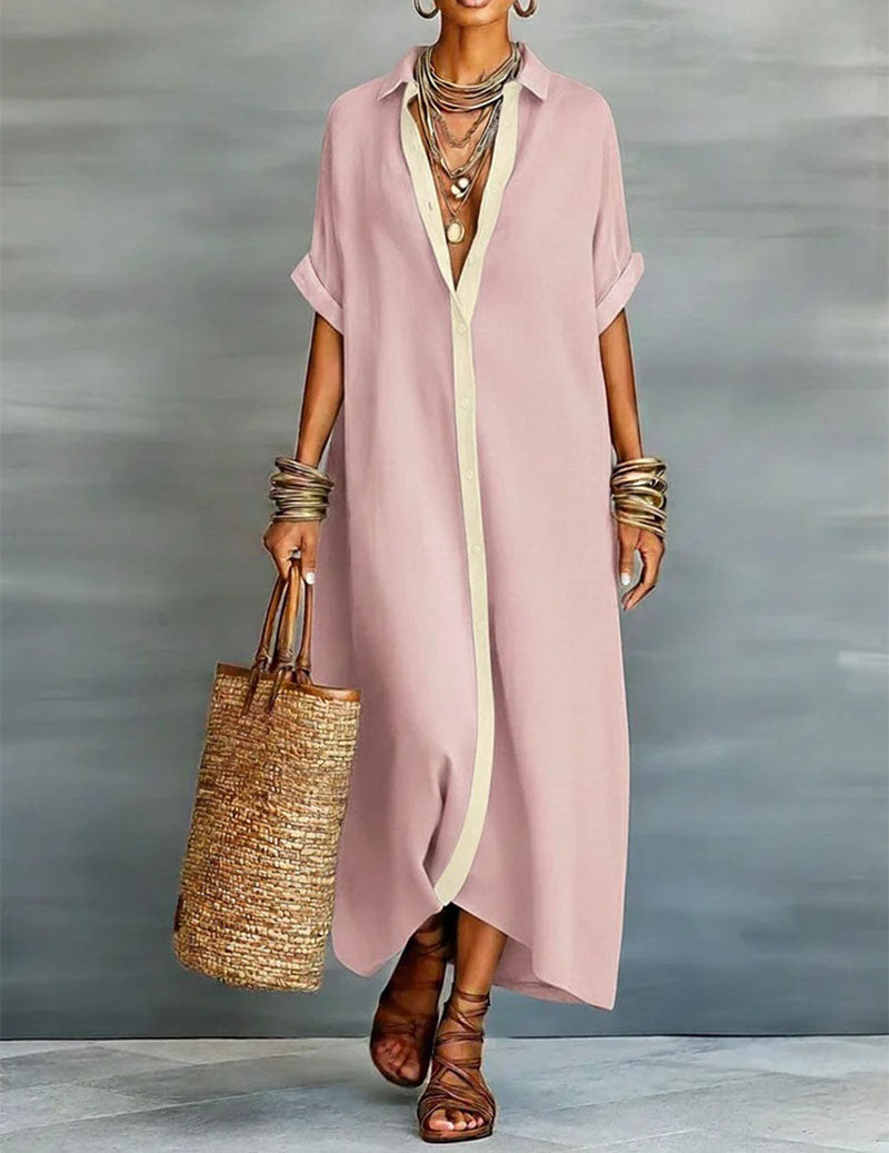 🌷🌷Oversized Button Down Shirt Dress Casual Collared Contrast Dress