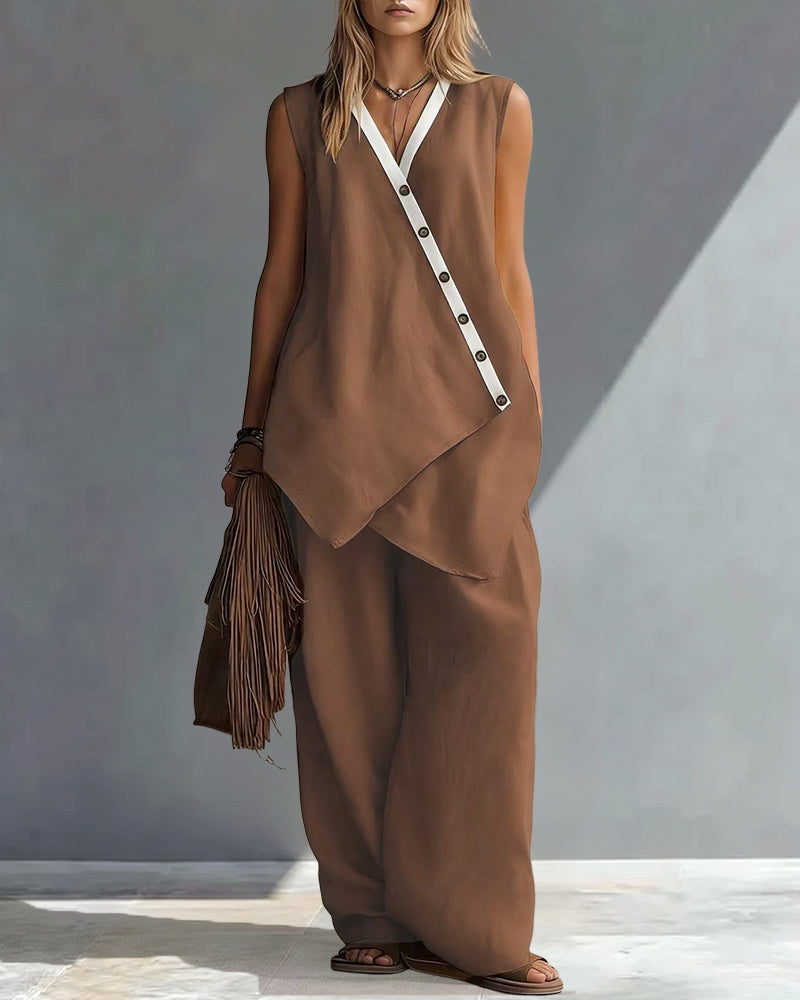 🌷🌷Boho Relaxed Fit Contrast Color Slant Placket Matching Sets