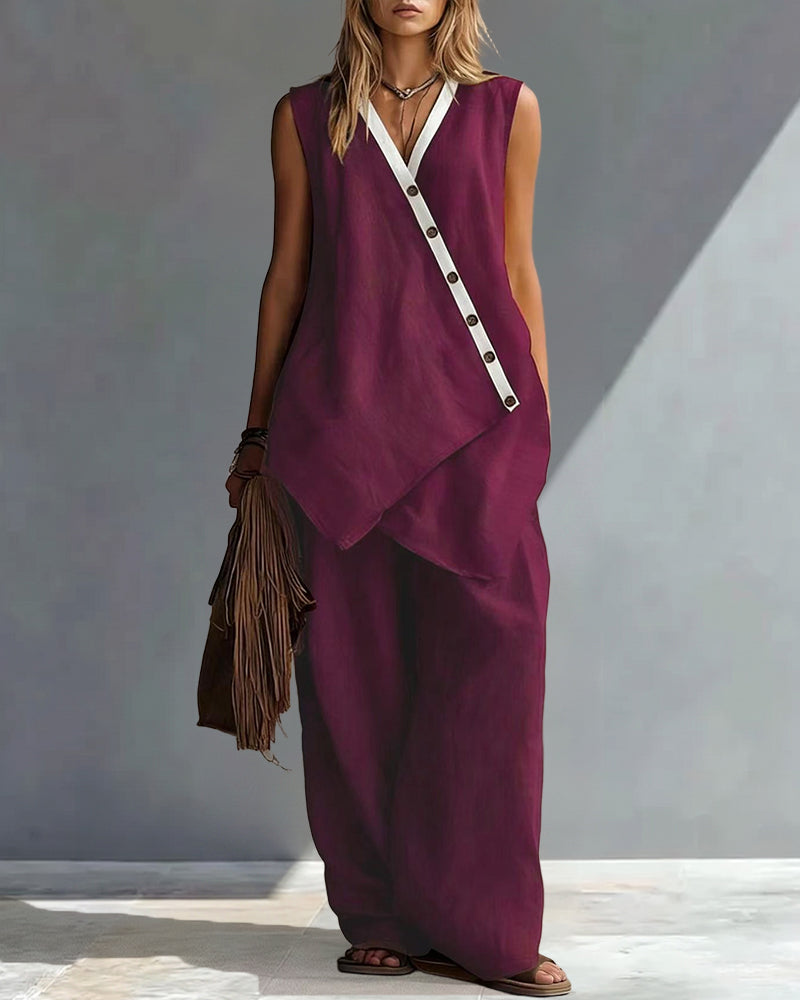 🌷🌷Boho Relaxed Fit Contrast Color Slant Placket Matching Sets