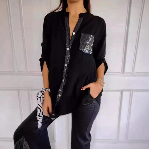 🔥Cotton V-neck Sequin Mid-sleeve Casual Top