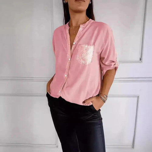 🔥Cotton V-neck Sequin Mid-sleeve Casual Top