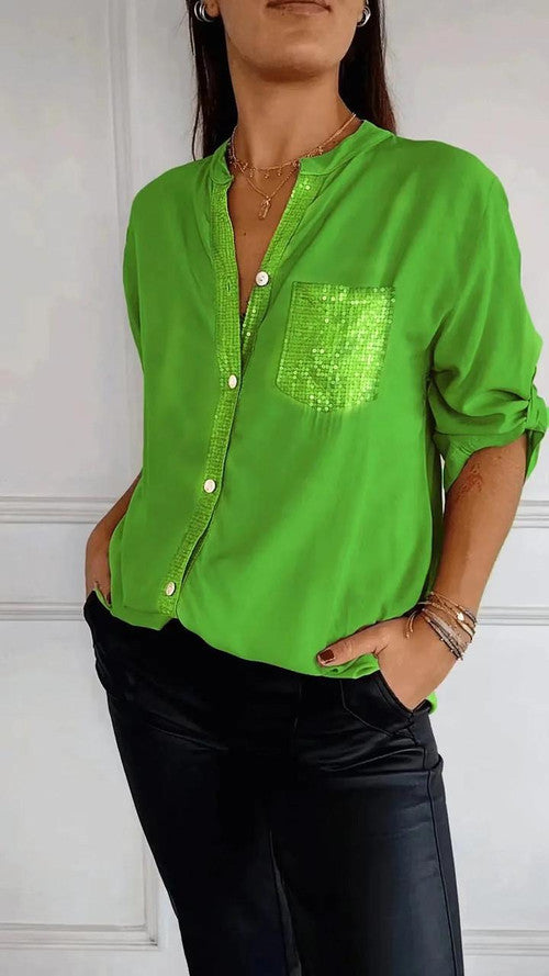 🔥Cotton V-neck Sequin Mid-sleeve Casual Top