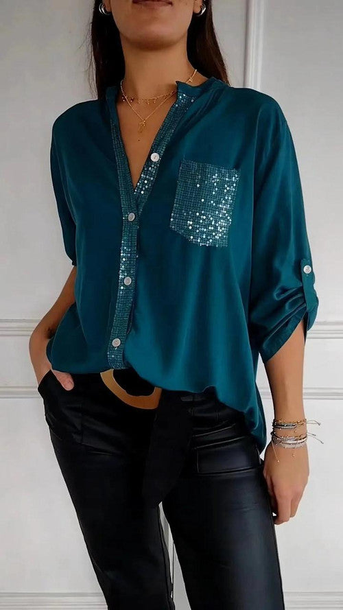🔥Cotton V-neck Sequin Mid-sleeve Casual Top