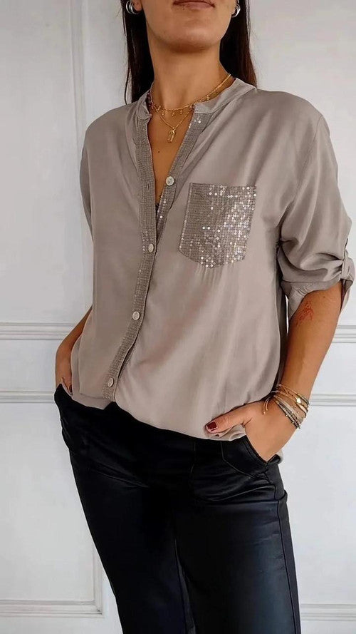 🔥Cotton V-neck Sequin Mid-sleeve Casual Top