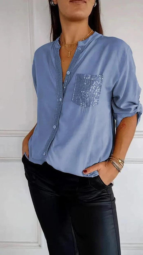 🔥Cotton V-neck Sequin Mid-sleeve Casual Top