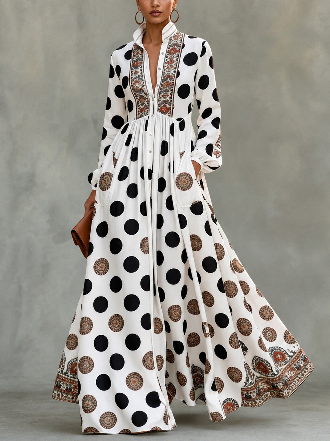 📦📦LAST DAY SAVE 49% ⏰Classic Totem & Polka Dot Color-block Dress With Lapel, Cinched Waist, And Flared Skirt