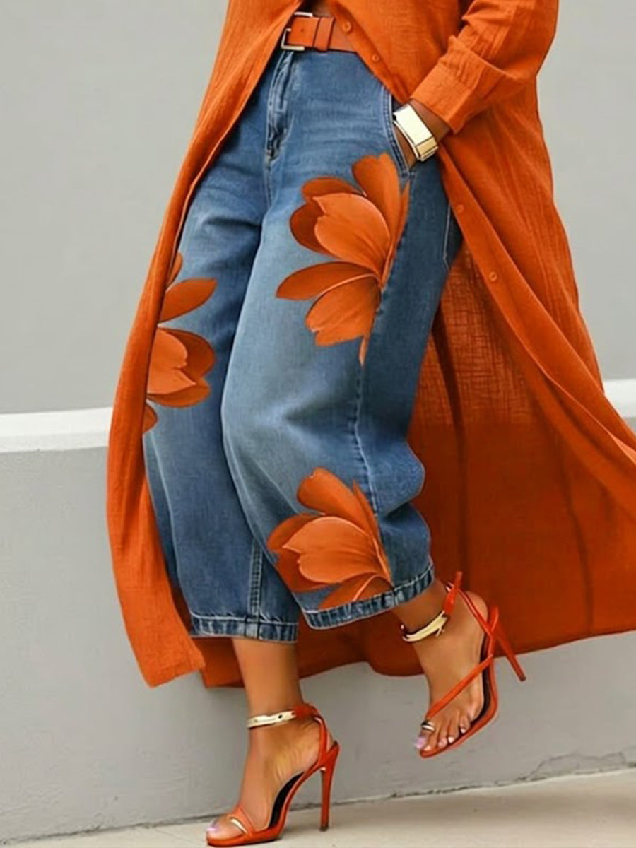 📦📦LAST DAY SAVE 49% ⏰Women's Vintage Wash Red Floral Embroidered Denim Pants