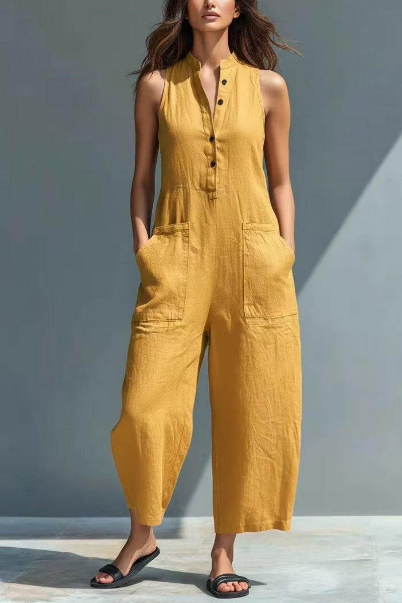 📦📦LAST DAY SAVE 49% ⏰Women's Minimalist Linen Blend Button-up Stand-collar Sleeveless Loose Jumpsuit