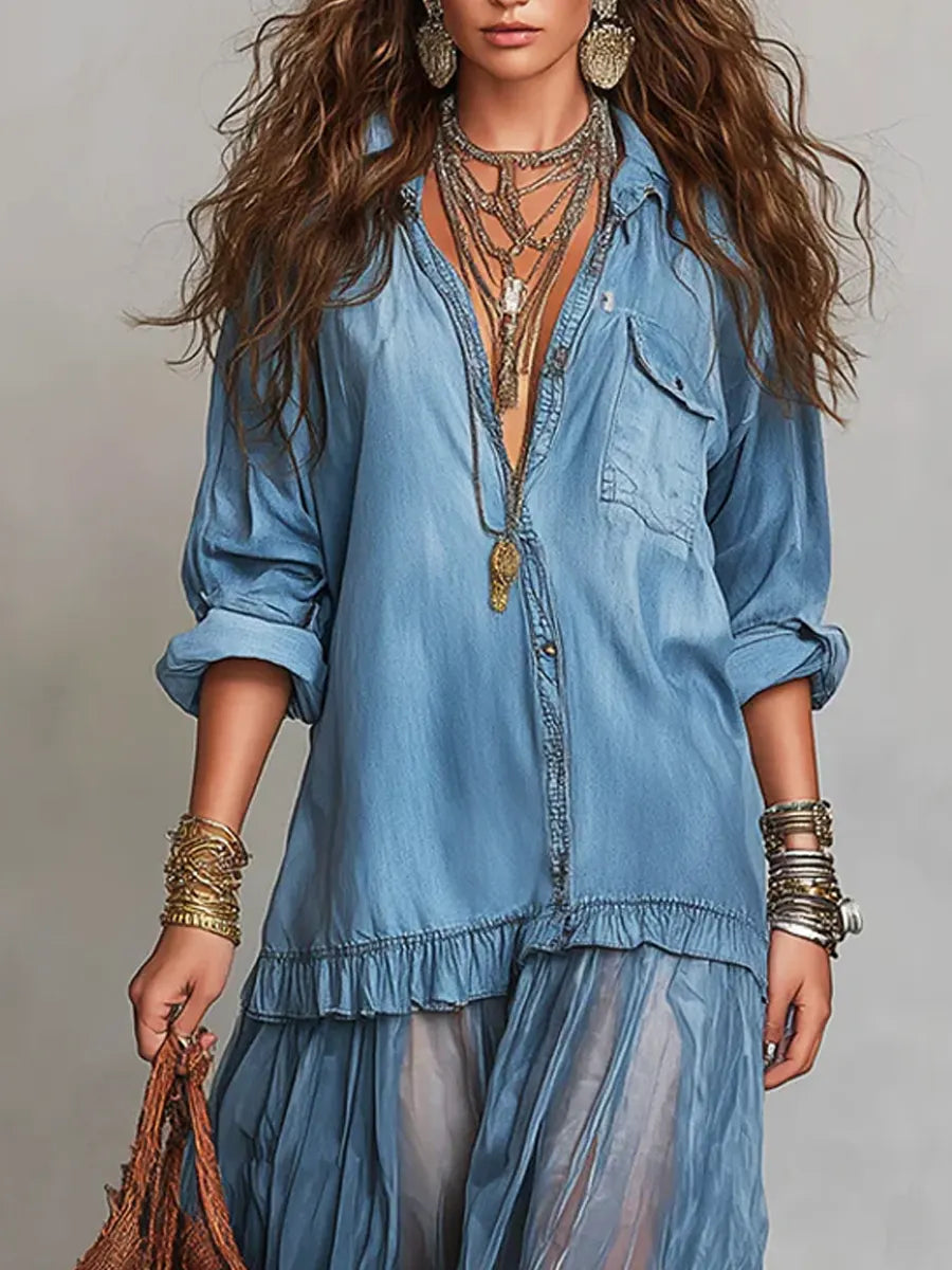 📦📦Mother's Day Sale 49% Off ⏰Women's Retro Lapel Denim Organza Patchwork Art Casual Maxi Dress