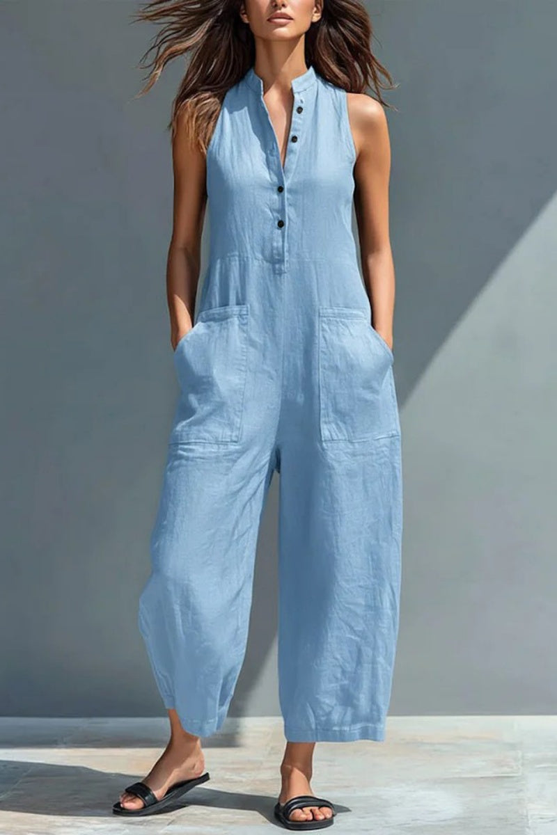 📦📦LAST DAY SAVE 49% ⏰Women's Minimalist Linen Blend Button-up Stand-collar Sleeveless Loose Jumpsuit