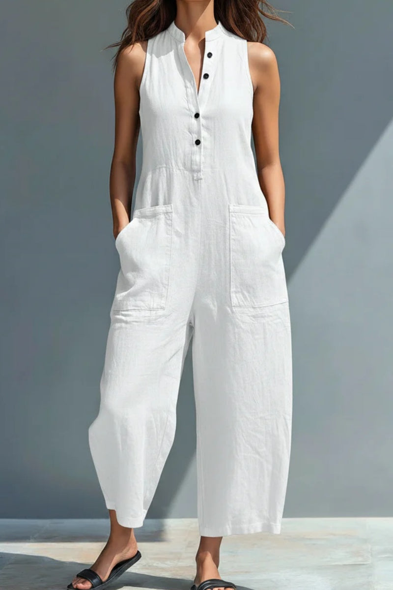 📦📦LAST DAY SAVE 49% ⏰Women's Minimalist Linen Blend Button-up Stand-collar Sleeveless Loose Jumpsuit