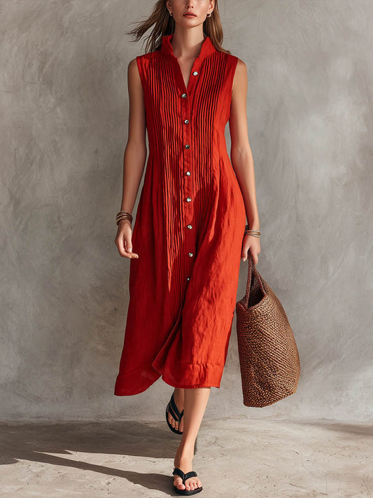 📦📦LAST DAY SAVE 49% ⏰Women's Solid-color Stand-collar Sleeveless Casual Loose Pleated Cotton-linen Dress
