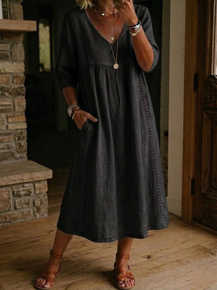 🔥Casual Loose-fitting Patchwork Lace Trim Linen And Cotton Dress