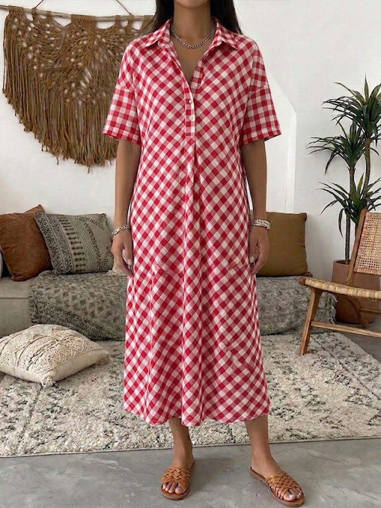 📦📦LAST DAY SAVE 49% ⏰Casual Plaid Polo Collar Linen And Cotton Short-sleeved Dress