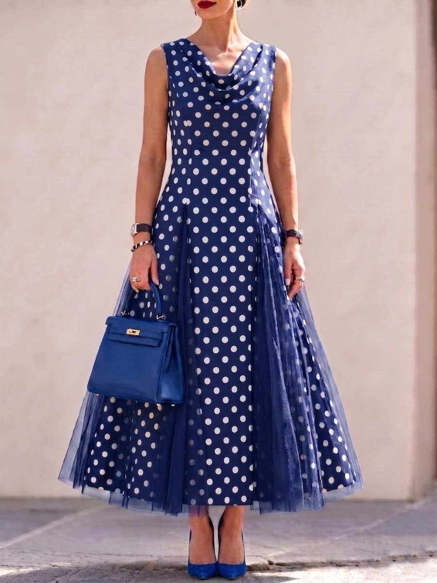 📦📦LAST DAY SAVE 49% ⏰Cowl Neck Polka-dot Print Organza-paneled Hem Stretch Dress