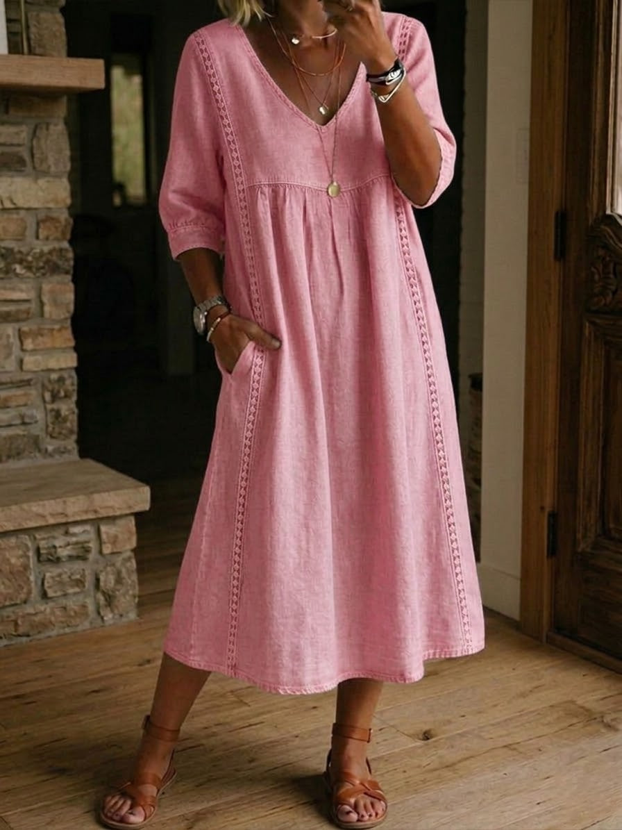 🔥Casual Loose-fitting Patchwork Lace Trim Linen And Cotton Dress