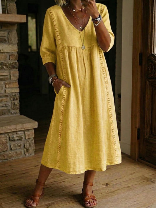 🔥Casual Loose-fitting Patchwork Lace Trim Linen And Cotton Dress