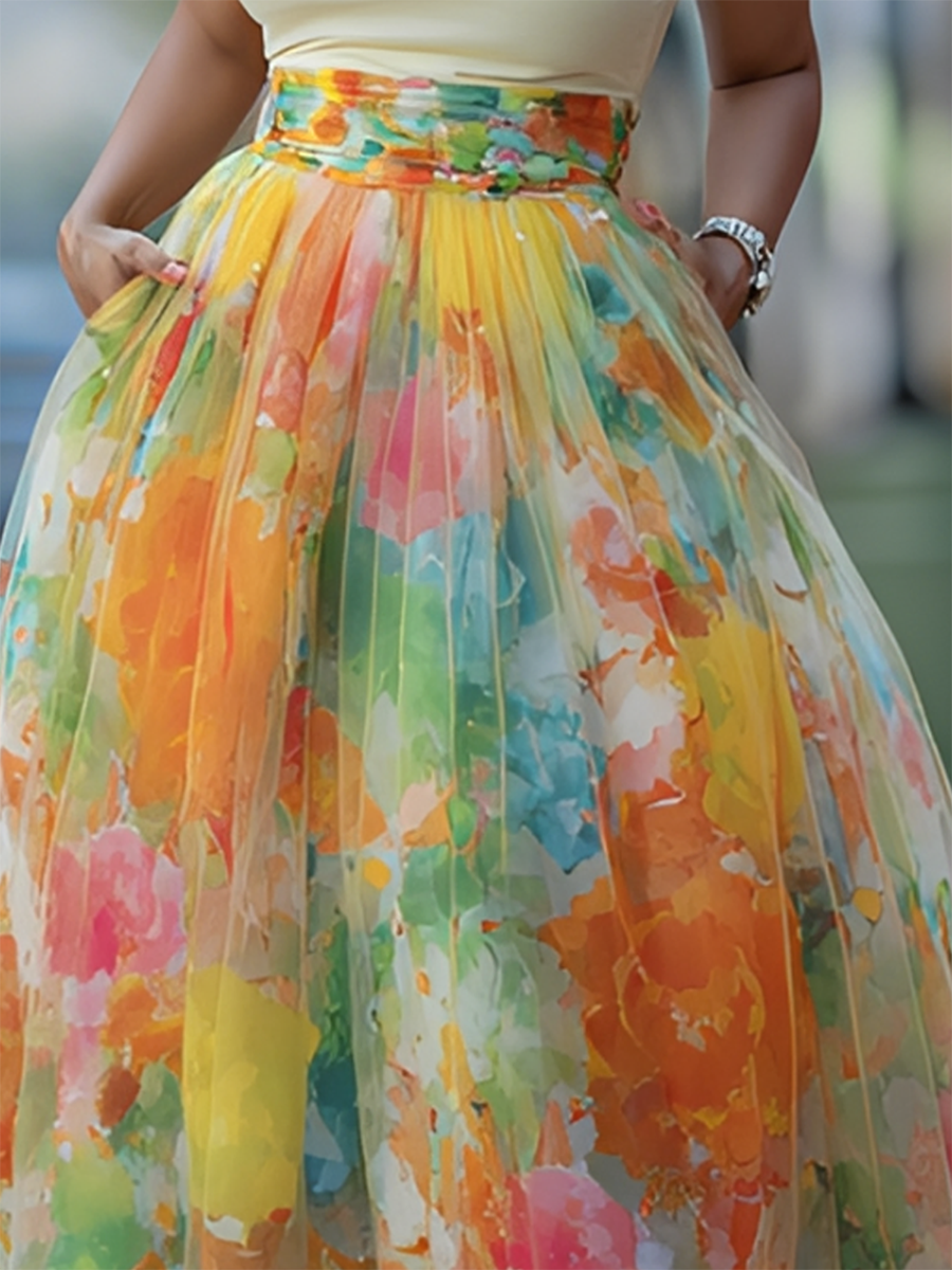 📦📦LAST DAY SAVE 49% ⏰Artistic Watercolor Print Mesh-paneled Skirt