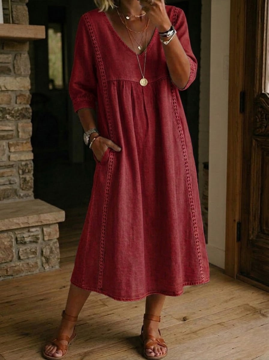 🔥Casual Loose-fitting Patchwork Lace Trim Linen And Cotton Dress