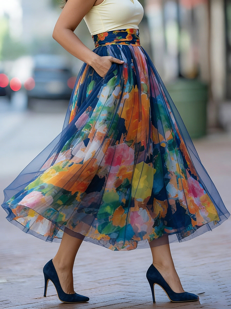 📦📦LAST DAY SAVE 49% ⏰Artistic Watercolor Print Mesh-paneled Skirt
