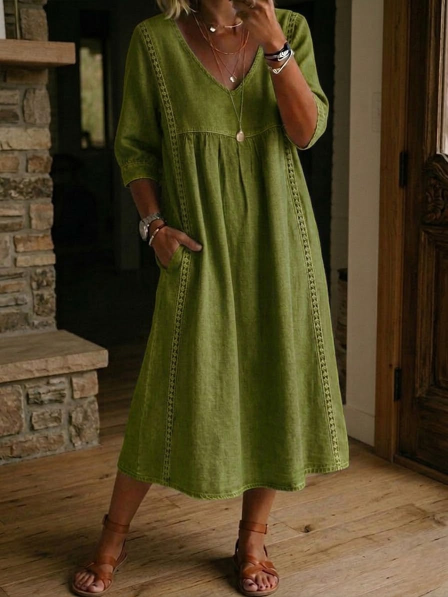 🔥Casual Loose-fitting Patchwork Lace Trim Linen And Cotton Dress