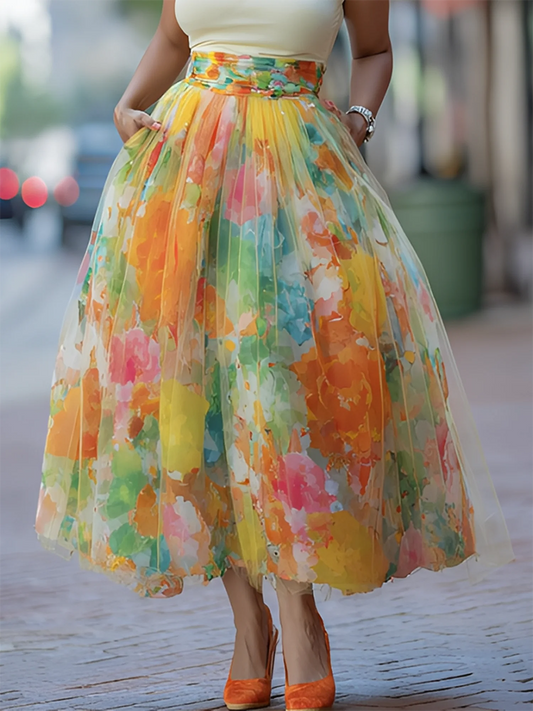 📦📦LAST DAY SAVE 49% ⏰Artistic Watercolor Print Mesh-paneled Skirt