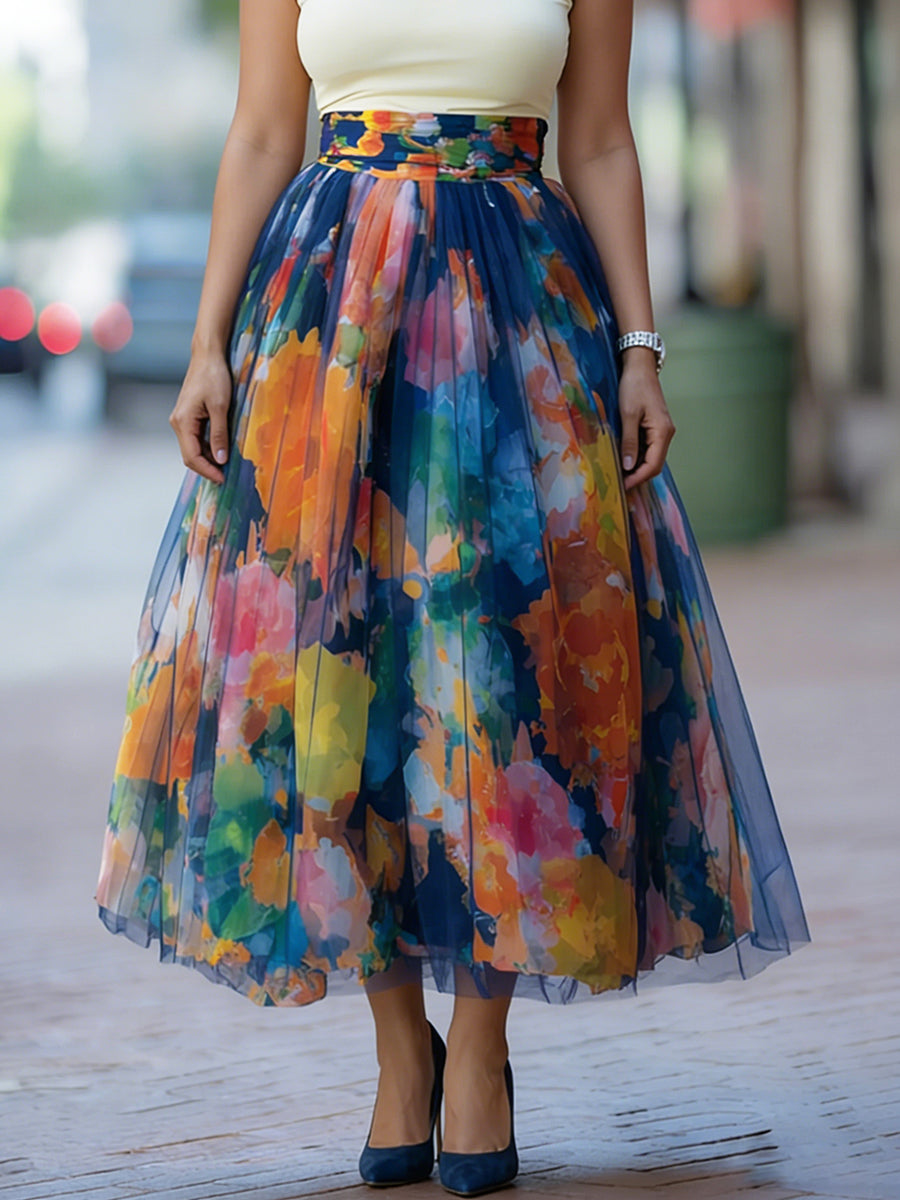 📦📦LAST DAY SAVE 49% ⏰Artistic Watercolor Print Mesh-paneled Skirt
