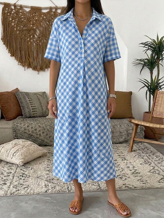 📦📦LAST DAY SAVE 49% ⏰Casual Plaid Polo Collar Linen And Cotton Short-sleeved Dress