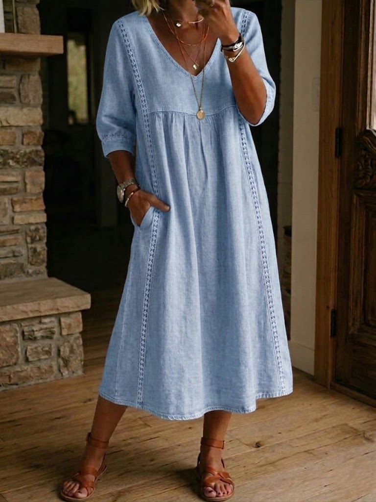 🔥Casual Loose-fitting Patchwork Lace Trim Linen And Cotton Dress