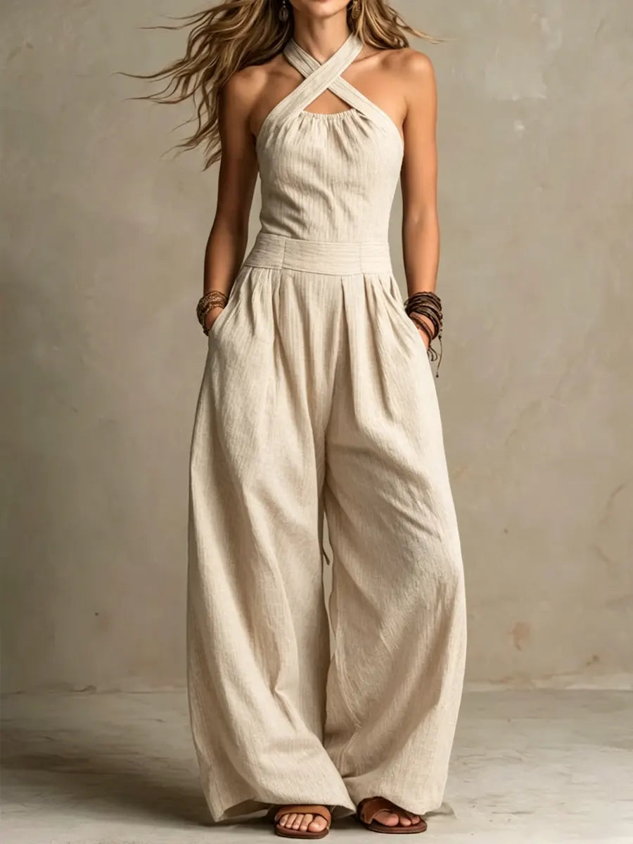 📦📦LAST DAY SAVE 49% ⏰Women's Cross-neck Halter Design Cotton-linen Jumpsuit