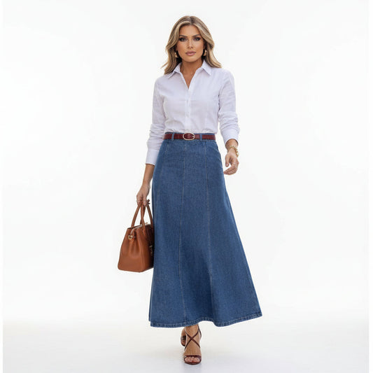 🌟 Lengthens & Slims | A-Line Denim Maxi Skirt | Flattering Silhouette 💃